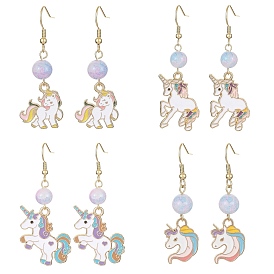 Alloy Enamel Unicorn Dangle Earrings with Glass Beaded, 304 Stainless Steel Earrings