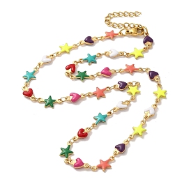304 Stainless Steel Necklace, Enamel Star & Heart Link Chain Necklaces