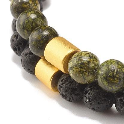 2 pcs 2 style serpentine naturelle / dentelle verte et pierre de lave bracelets extensibles perlés ronds sertis d'hématite synthétique de colonne, Diffuseur d'huile bijoux en pierre de puissance pour les femmes