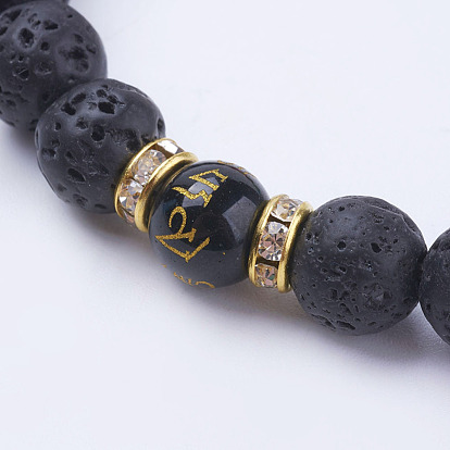 Bracelets extensibles en pierre de lave naturelle, avec des perles de pierres précieuses mélangées et des espaceurs de perles en laiton strass