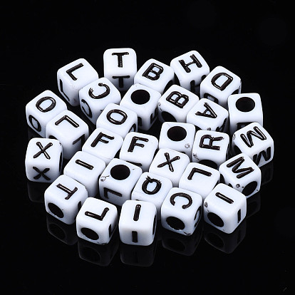 Opaque Acrylic Beads, Cube with Alphabet