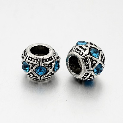 Antique Silver Plated Alloy Rhinestone European Beads, Large Hole Rondelle Beads