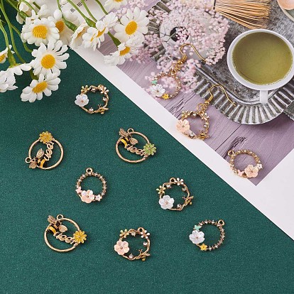 12 piezas colgantes de aleación de esmalte, con diamantes de imitación de cristal, dorado, anillo con abeja y flor
