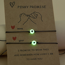Adjustable Handmade Couple Bracelet Set with Glow-in-the-Dark Heart Acrylic Beads