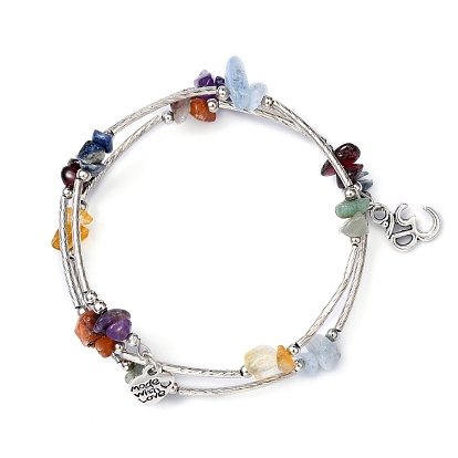 Trois boucles de pierres précieuses naturelles bracelets d'emballage perles, avec des perles tubulaires en laiton et pendentifs ohm de style tibétain, 55mm