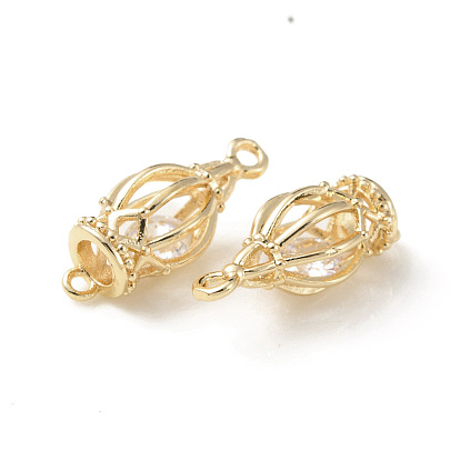 Brass Hollow Lamp Connector Charms, with Clear Cubic Zirconia Bead Inside