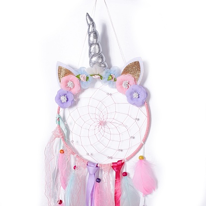 Handmade Unicorn Woven Net/Web with Feather Wall Hanging Decoration, with Beads & Ribbon & Flower, for Home Offices Ornament