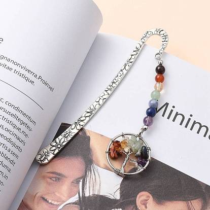 Tibetan Style Carved Alloy Bookmark, Daily Supplies, with Natural/Synthetic Mixed Stone Pendants, Brass Crimp Beads Covers and Natural Gemstone Beads, Flat Round with Tree of Life
