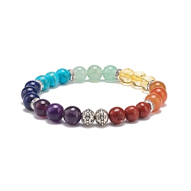 Natural & Synthetic Mixed Stone & Alloy Round Beaded Stretch Bracelet, 7 Chakra Gemstone Jewelry for Women