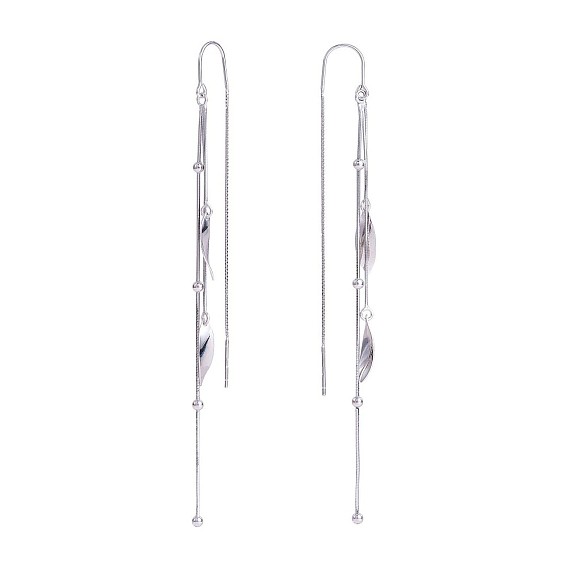 925 Sterling Silver Leaf with Chain Tassel Dangle Earrings, Long Drop Ear Thread for Women