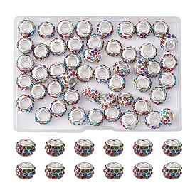 50 pcs perles en argile polymère strass européens à grand trou, avec noyaux en laiton plaqué couleur argent, rondelle