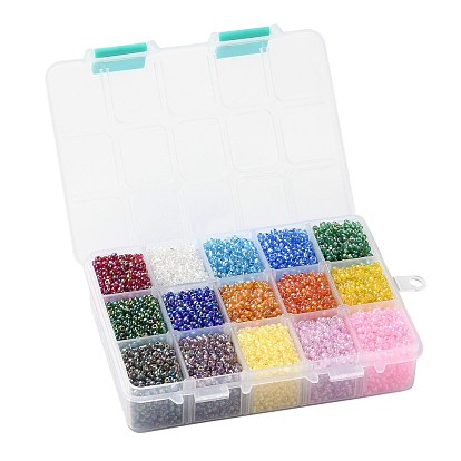 375G 15 Colors Glass Seed Beads, Transparent Colours Rainbow, Round
