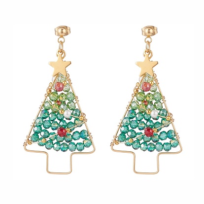 Shell Pearl & Glass Braided Christmas Tree Dangle Stud Earrings, 304 Stainless Steel Wire Wrap Big Drop Earrings for Women