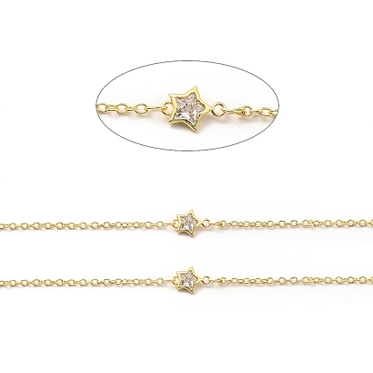 Clear Cubic Zirconia Star Link Chains, with Brass Cable Chains, Lead Free & Cadmium Free, Soldered, with Spool