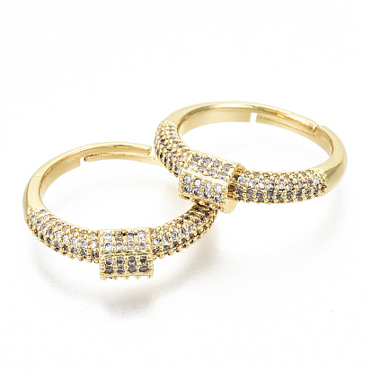 Adjustable Brass Micro Pave Clear Cubic Zirconia Finger Rings, Cadmium Free & Nickel Free & Lead Free, Hexagonal Prisms
