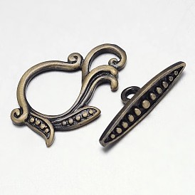 Brushed Antique Bronze Brass Toggle Clasps, Nickel Free, Leaf: 25x17x2mm, Bar: 7x23x5mm, Hole: 2mm