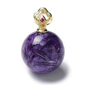 Natural Charoite Sphere Round Charms, with Golden Plated 925 Sterling Silver Rhinestone Findings
