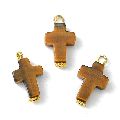 Natural Tiger Eye Pendants, with Golden Plated Alloy Loops, Cross Charms