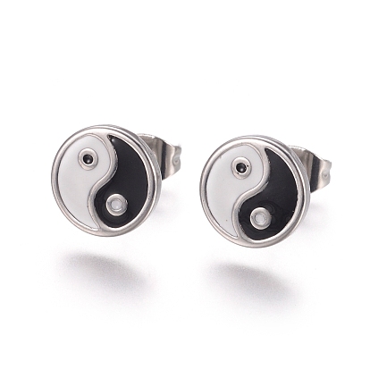 304 Stainless Steel Stud Earrings, with Enamel and Ear Nuts, Yinyang