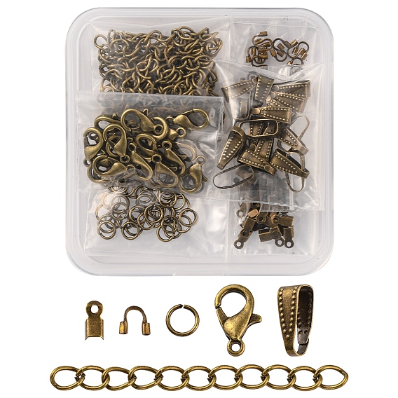 Kit de fabrication de bijoux, y compris les fermoirs à pince de homard en alliage de zinc, anneaux ouverts en fer et extrémités avec chaînes torsadées, bouton-pression en laiton sur les bélières et le gardien de fil