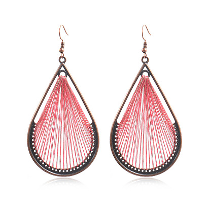 Bohemia Style Alloy Dangle Earrings, with Cotton Thread and Metallic Cord, Teardrop, Red Copper