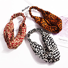 Leopard Print Retro Headband with Satin Cross Elastic Hair Band