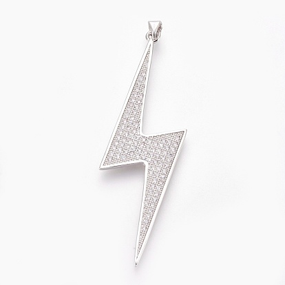 Brass Micro Pave Cubic Zirconia Big Pendants, Lead Free & Cadmium Free & Nickel Free, Long-Lasting Plated, Lightning Bolt, Clear