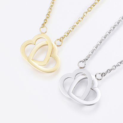 304 Stainless Steel Pendant Necklaces, Heart to Heart, with Lobster Clasps
