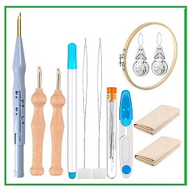 Kits d'outils de broderie au poinçon, y compris un stylo à aiguille perforée, tissu, enfileur, cerceau à broder, aiguille, ciseaux, stylo