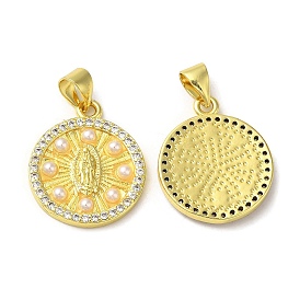 Rack Plating Brass Cubic Zirconia Pendants, with Plastic Imitation Pearl, Real 18K Gold Plated, Long-Lasting Plated, Round