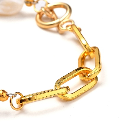 Bracelets de perles de perles de keshi de perles baroques naturelles, avec des chaînes de trombones en fer et 304 fermoirs à bascule en acier inoxydable