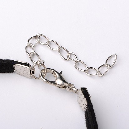 Alloy Double Heart Link Bracelets for Valentine's Day, Faux Suede Cord with Alloy Lobster Claw Clasps and Iron Chains, Antique Silver and Platinum, 185x3mm