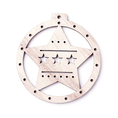 Undyed Wood Big Pendants, Flat Round with Star