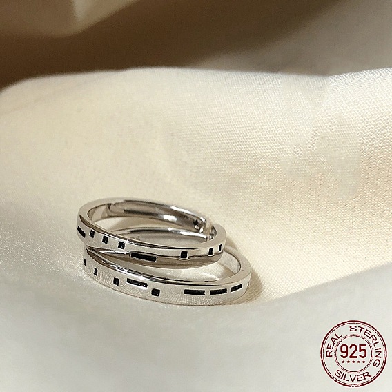 925 anillo abierto grabado con código morse de plata esterlina para mujer