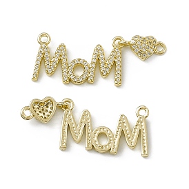 Rack Plating Brass Micro Pave Clear Cubic Zirconia Connector Charms, Mother's Day Links Word Mom with Heart for Women, Cadmium Free & Lead Free, Long-Lasting Plated