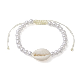 Adjustable ABS Plastic Imitation Pearl & Acrylic Shell Shape Braided Bead Bracelets