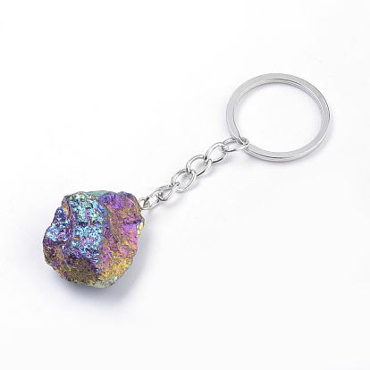 Porte-clés quartz cristal plaqué arc-en-ciel, avec les accessoires en fer, nuggets, platine