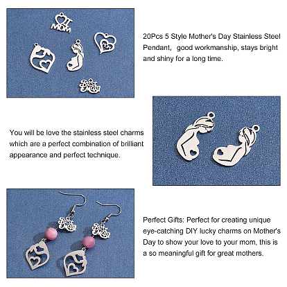 PandaHall Elite 20Pcs 5 Style Mother's Day 201 Stainless Steel & 304 Stainless Steel Pendants, Laser Cut, Mixed Shapes