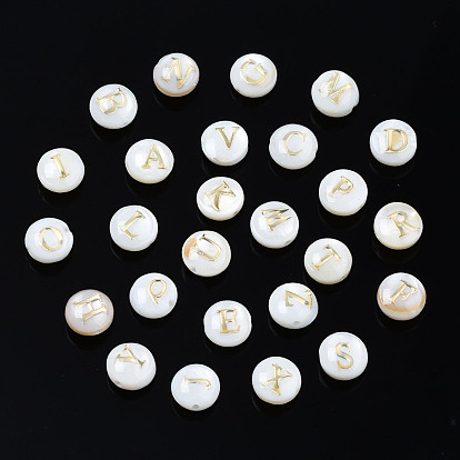 Natural Freshwater Shell Beads, with Golden Plated Brass Etched Metal Embellishments, Horizontal Hole, Flat Round with Letter, Seashell Color