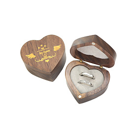 Boîte de rangement pour bagues de couple en bois coeur, coffret cadeau magnétique pour alliances avec logo doré avec intérieur en velours et sacs à cordon