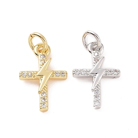 Brass Micro Pave Cubic Zirconia Charms, with Jump Ring, Cross with Lightning Bolt Charm