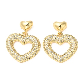 Rack Plating Brass Heart Dangle Stud Earrings with Cubic Zirconia, Lead Free & Cadmium Free