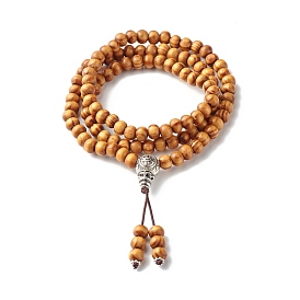 Round Natural Wood Mala Bead Bracelet, Three Loops Wrap Bracelet, Gourd Prayer Beads Bracelet for Men Women