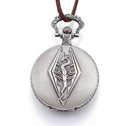 Carved Alloy Flat Round Pendant Necklace Quartz Pocket Watches, with Faux Suede