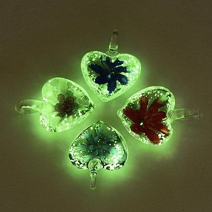 Luminous Handmade Lampwork Pendants, Inner Flower, Heart