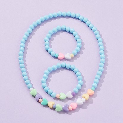 Conjuntos de joyas de collar y pulsera de cuentas elásticas para niños, con cuentas acrílicas opacas redondas y en forma de corazón