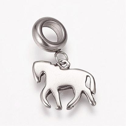 304 Stainless Steel European Dangle Charms, Large Hole Pendants, Horse