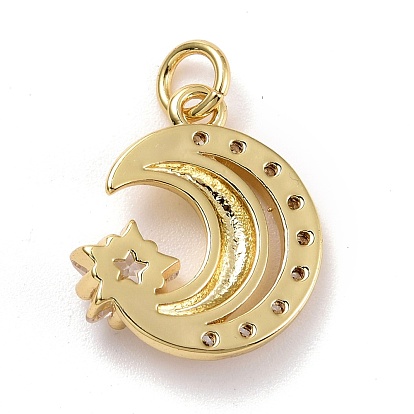 Brass Micro Pave Clear Cubic Zirconia Pendants, Long-Lasting Plated, Lead Free & Cadmium Free, Moon & Star
