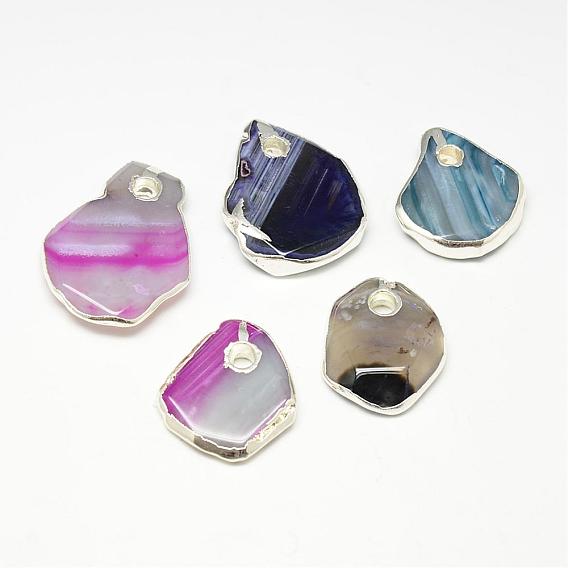Plated Natural Striped Agate/Banded Agate Pendants, Dyed, Nuggets