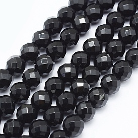 Natural Black Onyx Beads Strands, Dyed, Round, Faceted